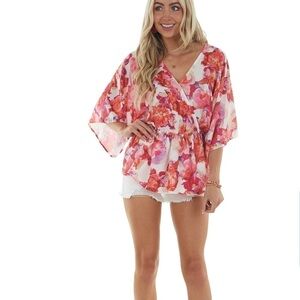 BAILEY BLUE Lipstick Floral Print Short Sleeve Kimono rompers womens size L